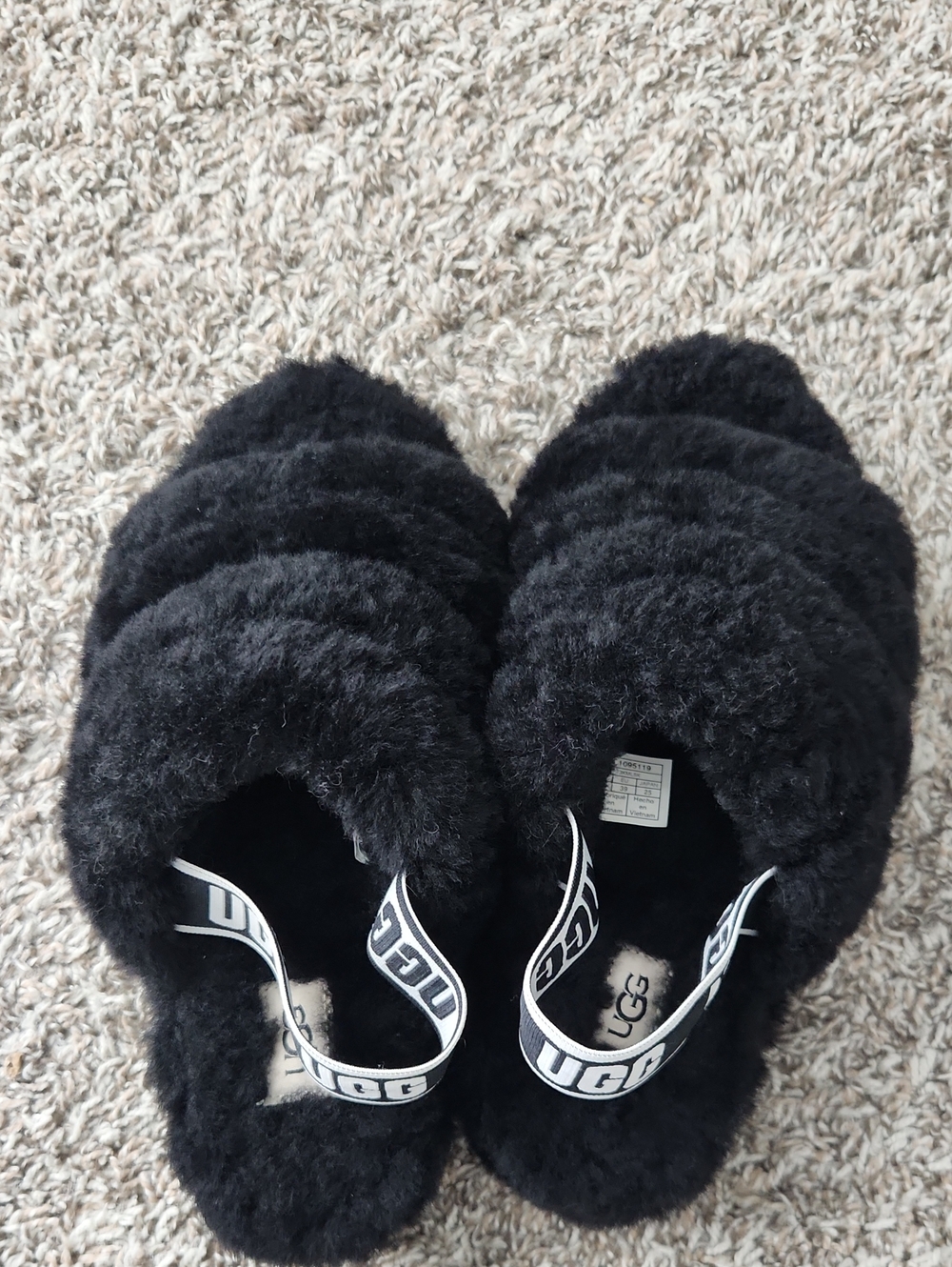 UGG Black Fuzzy Slide Sandals with Branded Heel Strap